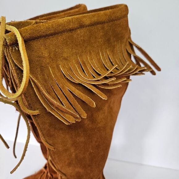 Minnetonka Brown Lace Front Knee High Suede Fringe Moccasins Festival Boots Sz 7 - Picture 8 of 11